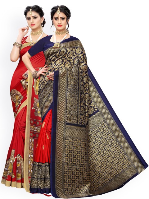 

KALINI Pack of 2 Red & Navy Blue Woven Design Art Silk Saree