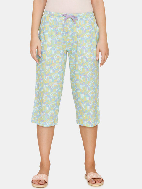 

Zivame Women Yellow & Blue Printed Cotton Capris