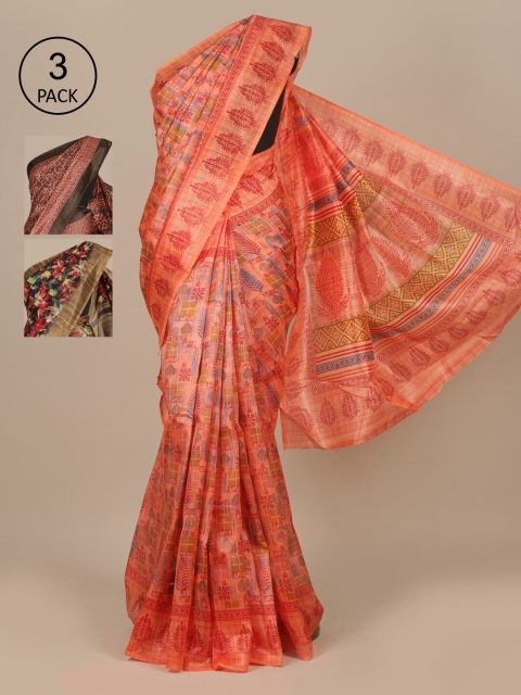 Pothys Pack Of 3 Ethnic Motifs Printed Jute Silk Saree, Peach