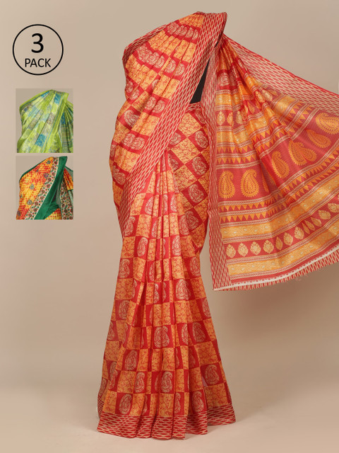 

Pothys Orange & Green Set of 3 Jute Silk Saree