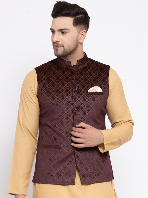 

MAXENCE Men Rust Brown Woven-Design Nehru Jacket