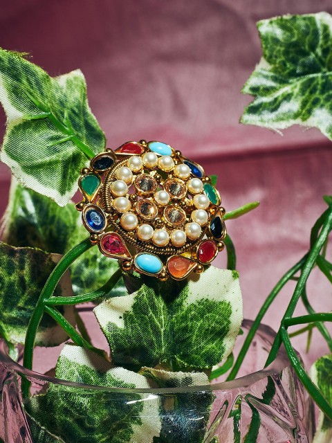 

PANASH Gold-Plated Red & Blue Stone-Studded & Beaded Handcrafted Adjustable Finger Ring