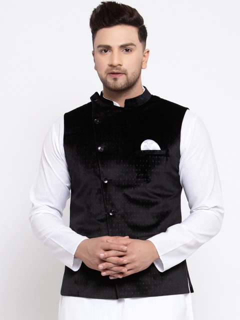 

MAXENCE Men Black Woven-Design Cotton Slim-Fit Nehru Jacket