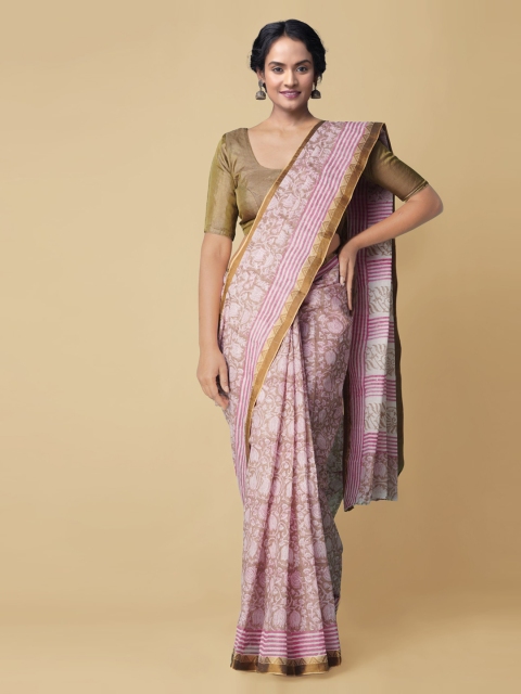 

Unnati Silks Brown & White Hand Block Ethnic Motifs Printed Pure Cotton Dabu Saree