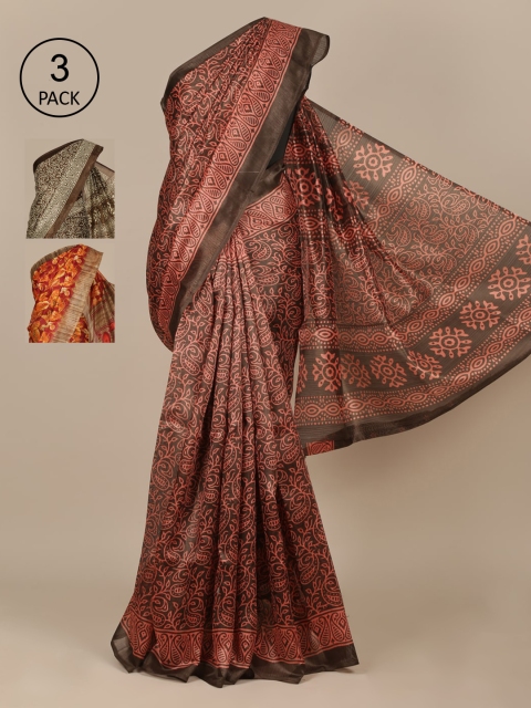 

Pothys Pack of 3 Ethnic Motifs Jute Silk Saree, Brown