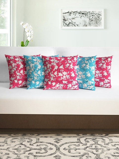 

Divine Casa Pink & Turquoise Blue Set of 5 Floral Square Cushion Covers
