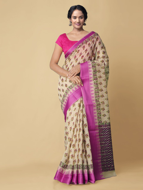 

Unnati Silks Beige Ethnic Motifs Silk Cotton Handloom Chanderi Sustainable Saree