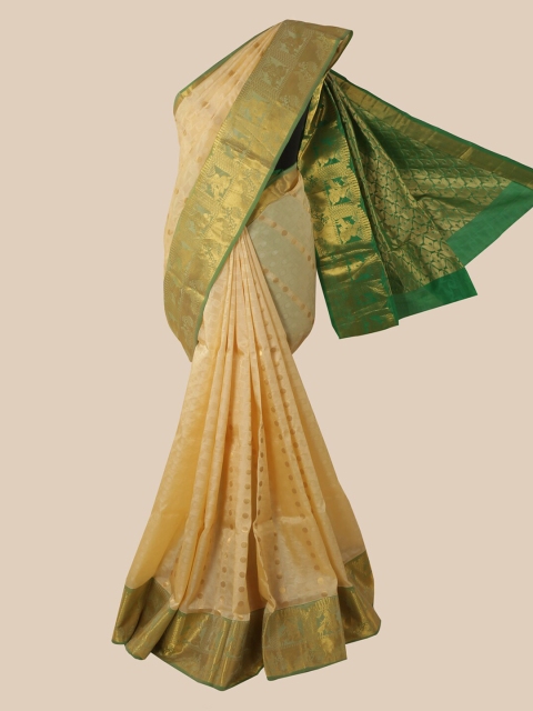 

Pothys Cream & Green Ethnic Motifs Zari Pure Silk Saree