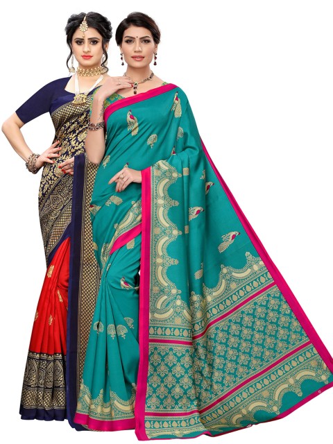 

KALINI Set of 2 Teal & Green Ethnic Motifs Zari Art Silk Saree