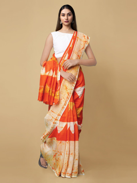 

Unnati Silks Cream Batik Zari Silk Cotton Handloom Chanderi Saree