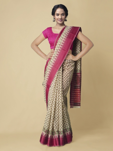 

Unnati Silks Beige & Pink Floral Zari Silk Cotton Chanderi Handloom Saree