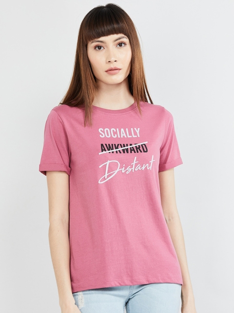 

max Women Pink Typography Printed Cotton T-shirt