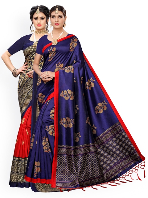 

KALINI Pack Of 2 Blue & Red Ethnic Motifs Zari Art Silk Sarees