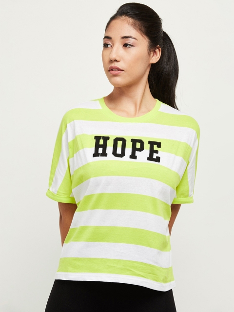 

max Women White Lime Green Striped Cotton Pure Cotton T-shirt