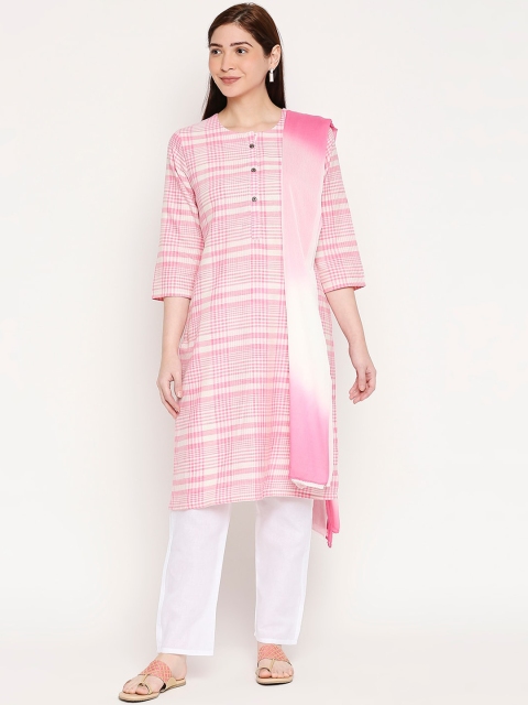 

ZRI Women Pink & White Striped Pure Cotton Kurta with Trousers & Dupatta
