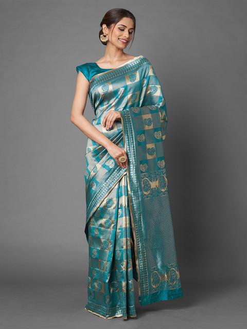 

Mitera Blue Paisley Zari Silk Blend Banarasi Saree
