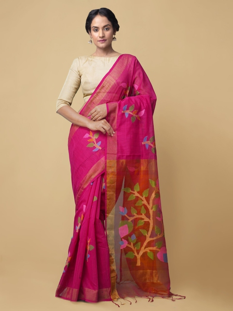

Unnati Silks Pink Ethnic Motifs Silk Cotton Handloom Maheshwari Saree