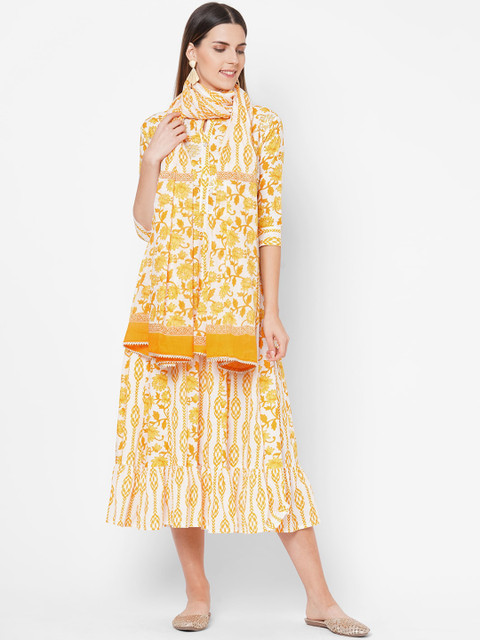 

FASHOR Yellow & White Floral A-Line Midi Dress with Dupatta