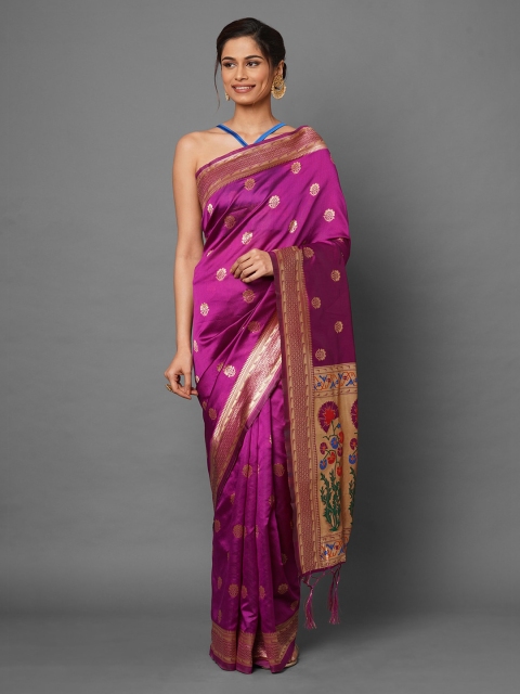 

Mitera Violet & Gold-Toned Ethnic Motifs Zari Silk Blend Banarasi Saree