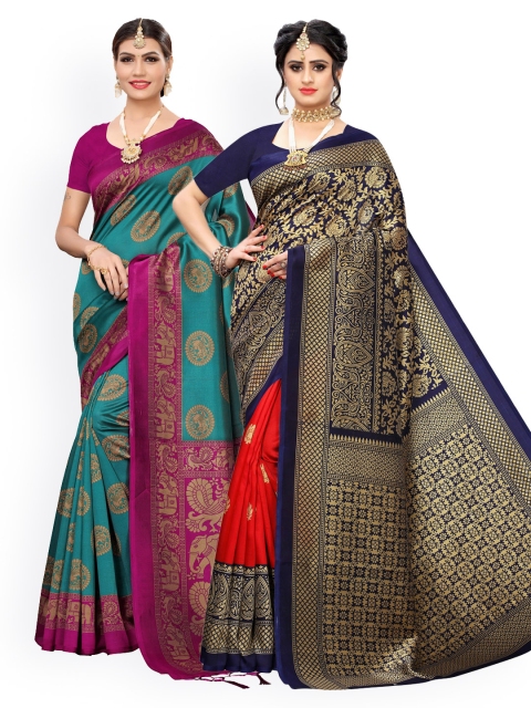 

KALINI Set of 2 Navy Blue & Teal Ethnic Motifs Zari Art Silk Saree