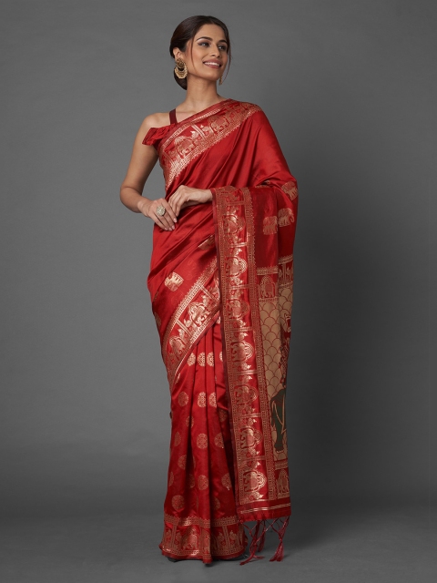 

Mitera Maroon Ethnic Motifs Zari Silk Blend Banarasi Saree