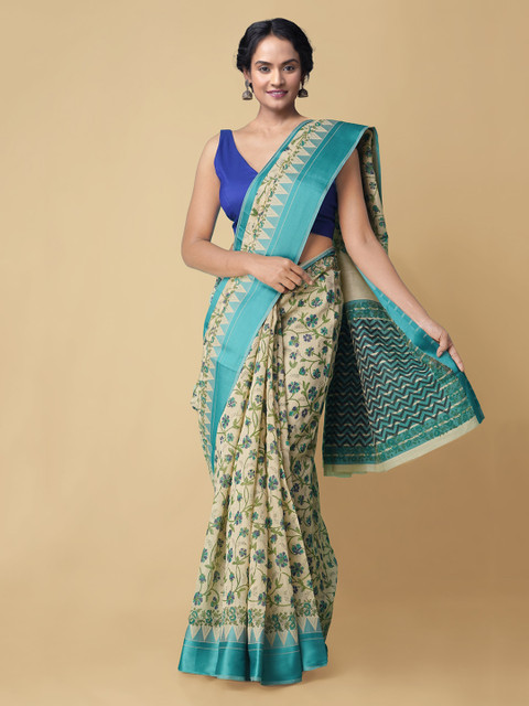 

Unnati Silks Beige Floral Block Printed Silk Cotton Chanderi Sustainable Saree