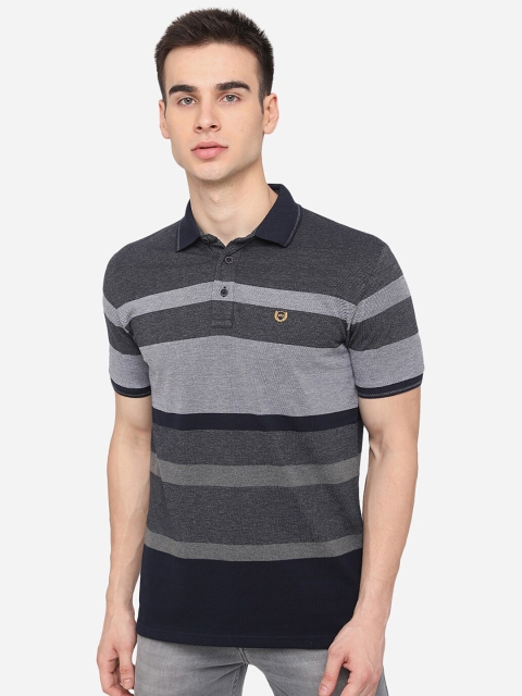 

JADE BLUE Men Grey Striped Polo Collar Slim Fit T-shirt