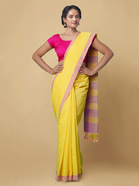 

Unnati Silks Women Yellow & Pink Pure Handloom Mangalagiri Cotton Sustainable Saree