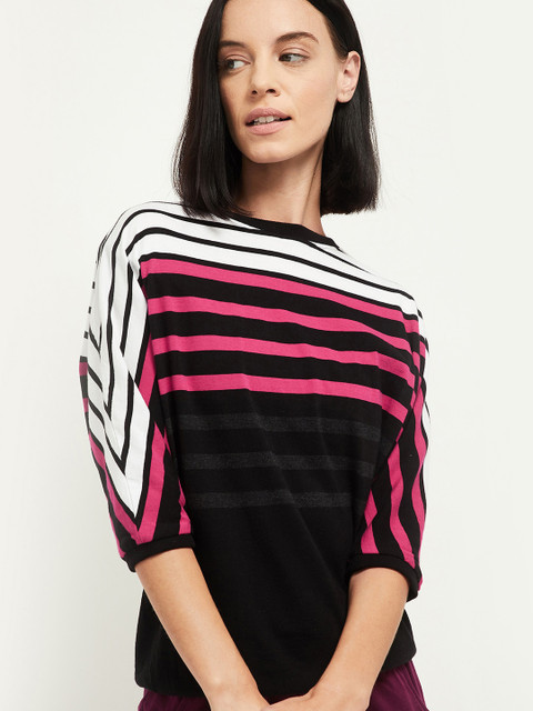 

max Women Black Pink Striped Extended Sleeves Pure Cotton T-shirt