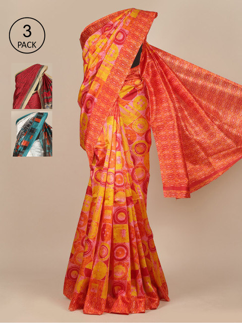 

Pothys Pack Of 3 Orange & Maroon Ethnic Motifs Jute Silk Saree