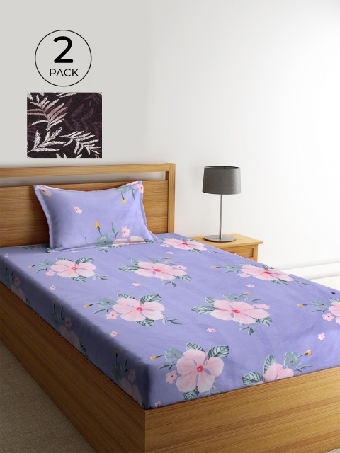 

KLOTTHE Purple & Brown Floral 210 TC Cotton 2 Single Bedsheet with 2 Pillow Covers