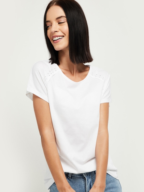 

max Women White Solid Cotton T-shirt