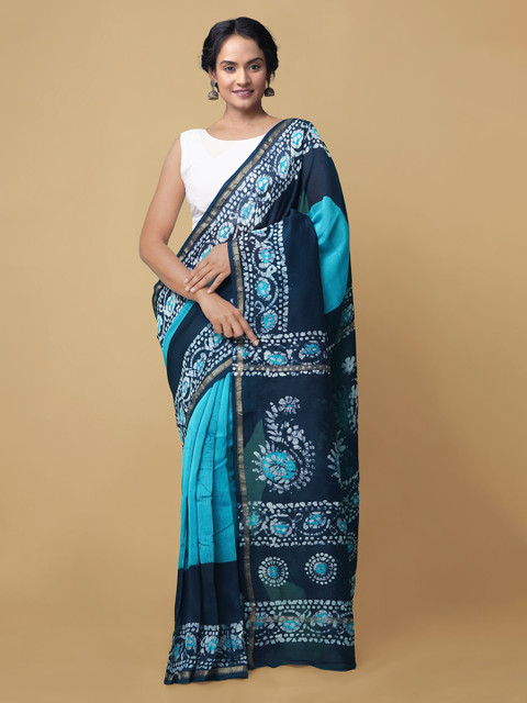 

Unnati Silks Blue & White Batik Zari Silk Cotton Chanderi Handloom Saree
