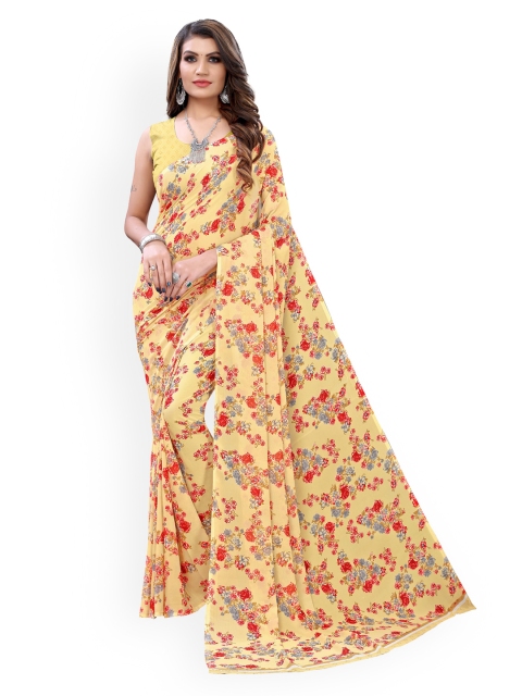 

KALINI Cream & Red Floral Pure Georgette Saree