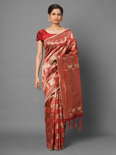 

Mitera Red Paisley Zari Silk Blend Banarasi Saree