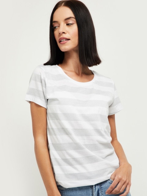 

max Women White & Grey Striped T-shirt