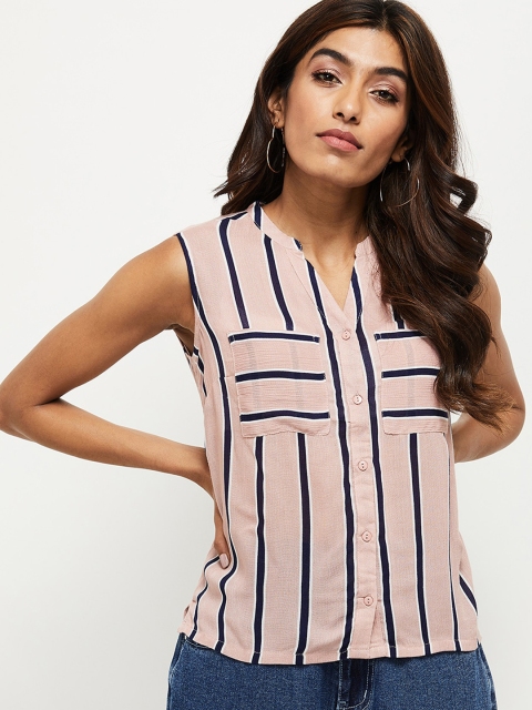 max Women Pink Striped Casual Shirt