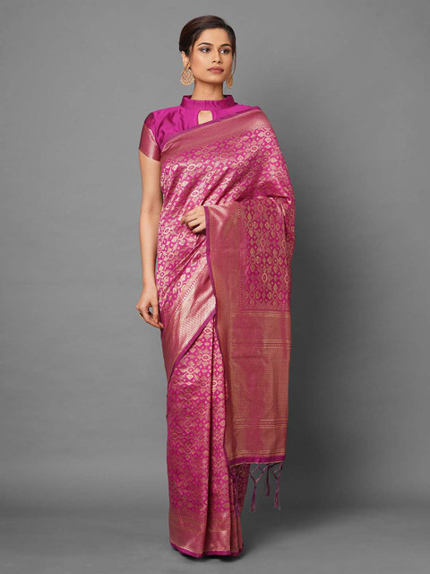 

Mitera Pink & Gold-Toned Woven Design Zari Silk Blend Banarasi Saree