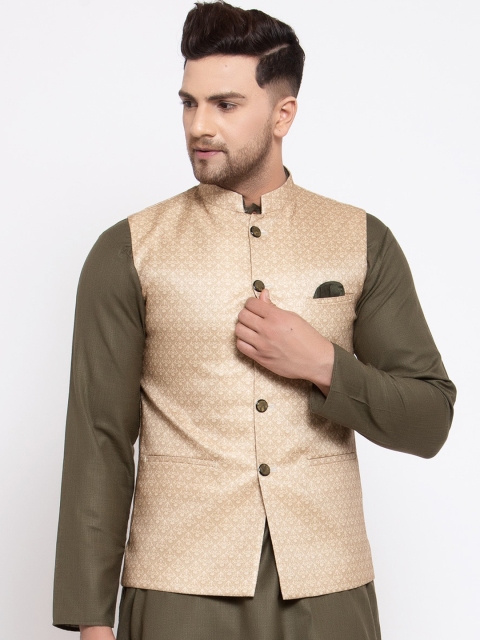 

MAXENCE Men Beige Woven-Design Cotton Slim-Fit Nehru Jacket