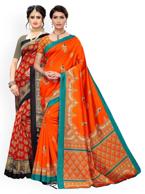 

KALINI Red & Orange Set of 2 Ethnic Motifs Zari Art Silk Saree