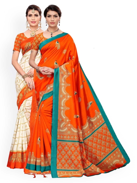 

KALINI Orange Pack of 2 Ethnic Motifs Art Silk Saree