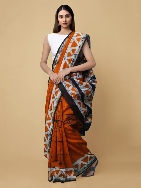 

Unnati Silks Orange Batik Silk Cotton Chanderi Saree