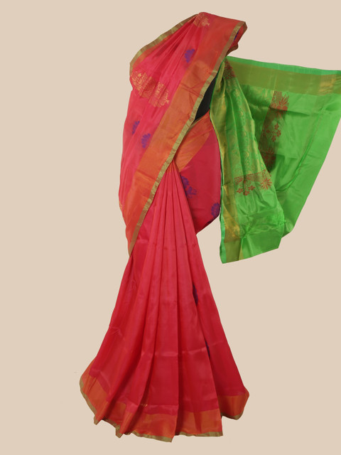 

Pothys Pink & Green Ethnic Motifs Zari Pure Silk Saree