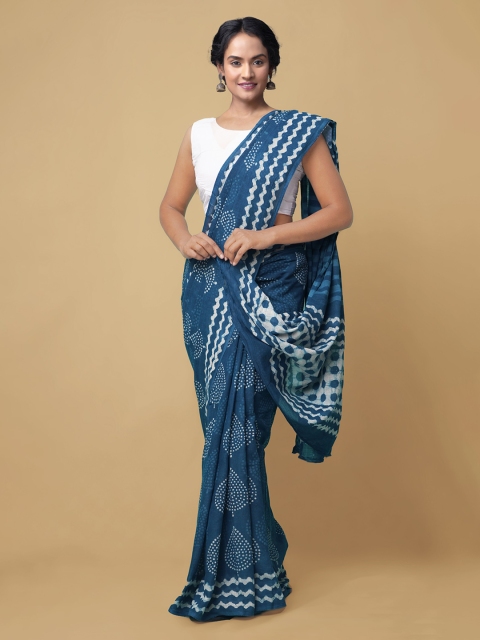 Unnati Silks Blue & White Dabu Pure Cotton Sustainable Kota Saree