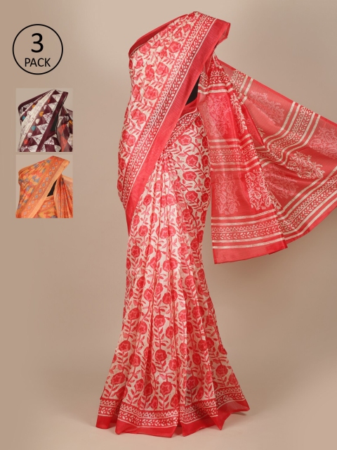 

Pothys Pack Of 3 Jute Silk Sarees, Cream