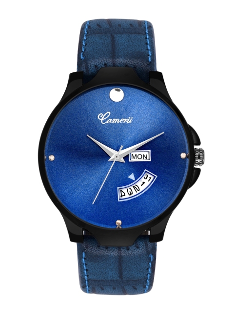 

Camerii Men Blue Brass Embellished Dial & Blue Leather Straps Analogue Watch WM290_B, Black