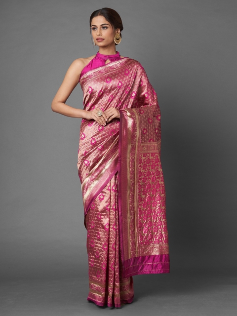 

Mitera Pink Ethnic Motifs Zari Silk Blend Banarasi Saree