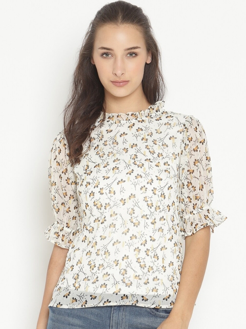 

NIXX White & Orange Floral Bell Sleeve Chiffon Regular Top