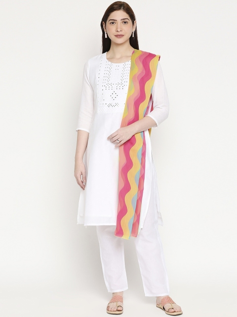 

ZRI Women White Yoke Design Embroidered Pure Cotton Kurta with Trousers & Dupatta