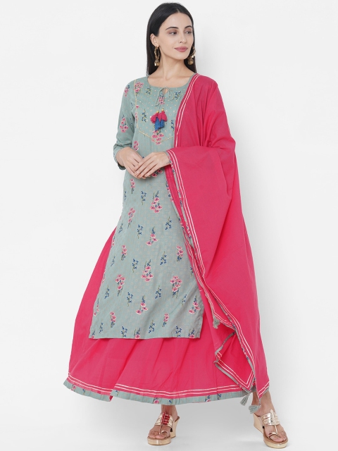 

FASHOR Women Grey Floral Printed Kurta with Skirt & With Dupatta